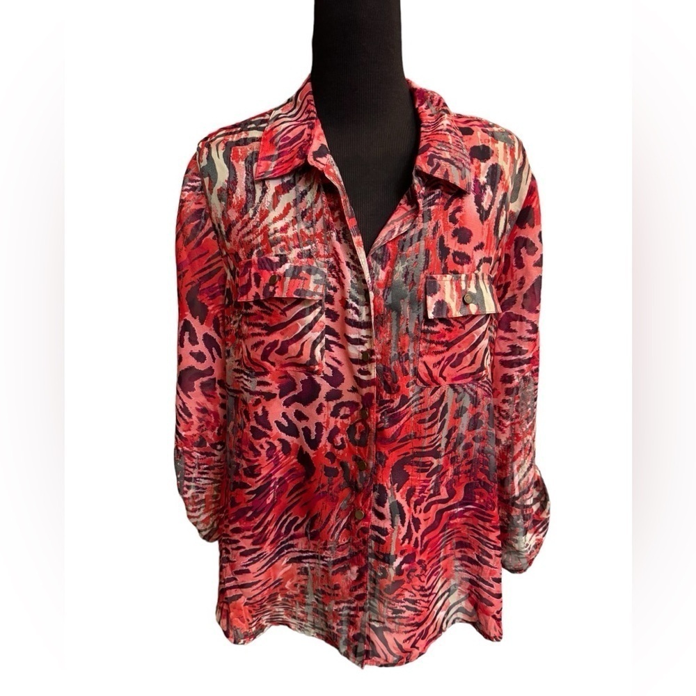 REBECCA MALONE Animal Print Red and Black Fold Up Sleeve Petite Large Festival